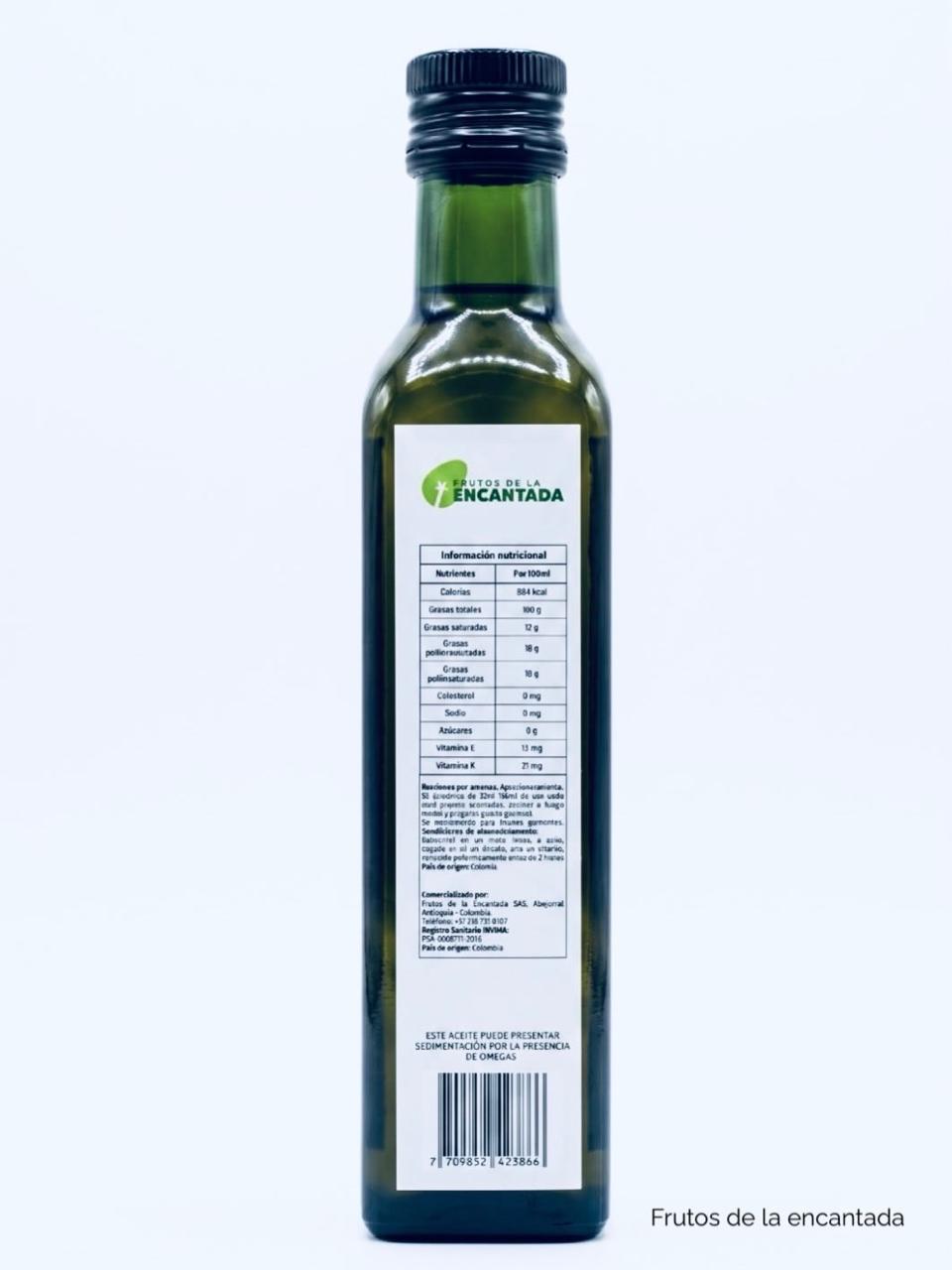 Etiqueta trasera del aceite de aguacate refinado 250 ml con información nutricional